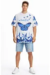 Erkek Asit Yıkamalı Oversize Tişört Mavi Kelebek Baskılı Dijital Print Bisiklet Yaka Streetwear T-shirt - Beyaz