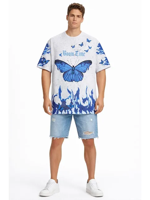 Erkek Asit Yıkamalı Oversize Tişört Mavi Kelebek Baskılı Dijital Print Bisiklet Yaka Streetwear T-shirt - Beyaz