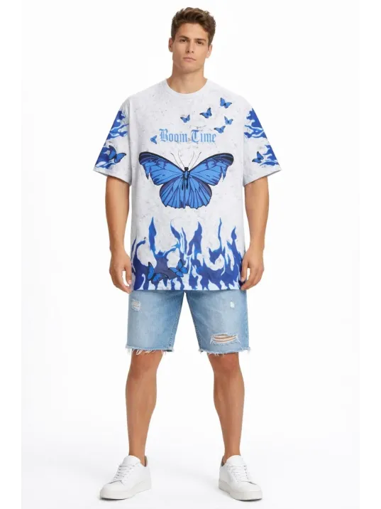 Erkek Asit Yıkamalı Oversize Tişört Mavi Kelebek Baskılı Dijital Print Bisiklet Yaka Streetwear T-shirt - Beyaz