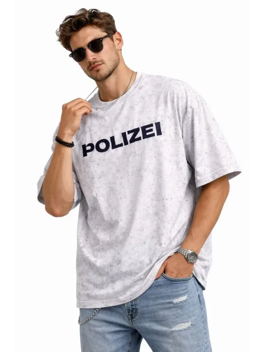 Erkek Asit Yıkamalı Oversize Tişört Ön Ve Arkası Baskılı %100 Pamuk Street Style T-shirt - Beyaz