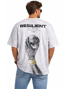 Erkek Asit Yıkamalı Oversize Tişört Ön Ve Arkası Baskılı %100 Pamuk Street Style T-shirt - Beyaz