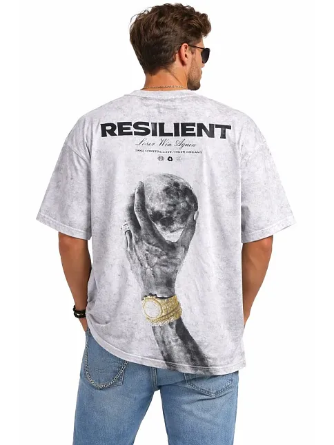 Erkek Asit Yıkamalı Oversize Tişört Ön Ve Arkası Baskılı %100 Pamuk Street Style T-shirt - Beyaz