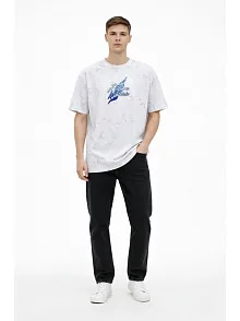 Erkek Asit Yıkamalı Oversize Tişört Future Worlds Baskılı Bisiklet Yaka Kısa Kollu Streetwear %100 Pamuk Street Style T-shirt - Beyaz