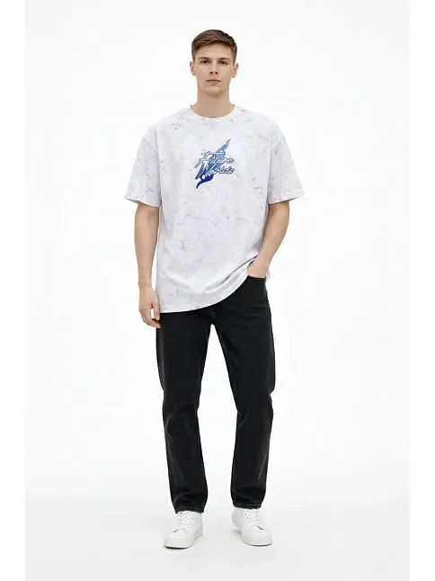 Erkek Asit Yıkamalı Oversize Tişört Future Worlds Baskılı Bisiklet Yaka Kısa Kollu Streetwear %100 Pamuk Street Style T-shirt - Beyaz