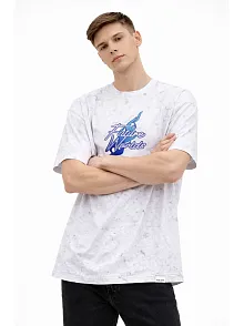 Erkek Asit Yıkamalı Oversize Tişört Future Worlds Baskılı Bisiklet Yaka Kısa Kollu Streetwear %100 Pamuk Street Style T-shirt - Beyaz