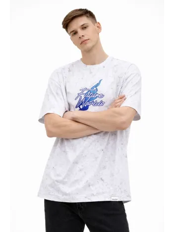 Erkek Asit Yıkamalı Oversize Tişört Future Worlds Baskılı Bisiklet Yaka Kısa Kollu Streetwear %100 Pamuk Street Style T-shirt - Beyaz