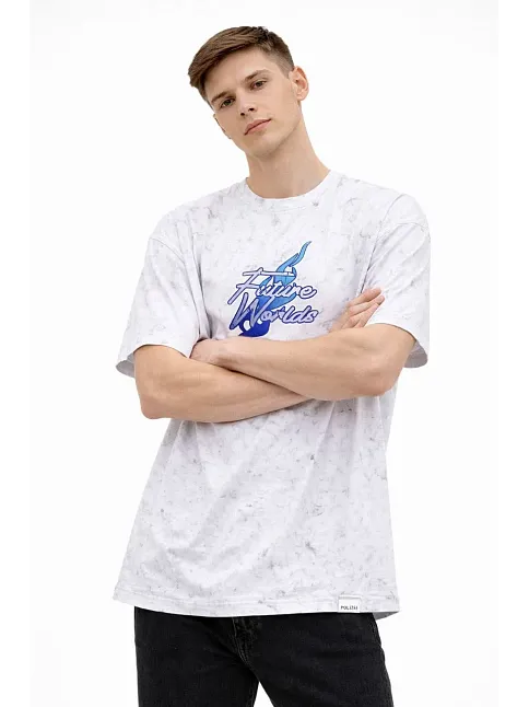Erkek Asit Yıkamalı Oversize Tişört Future Worlds Baskılı Bisiklet Yaka Kısa Kollu Streetwear %100 Pamuk Street Style T-shirt - Beyaz