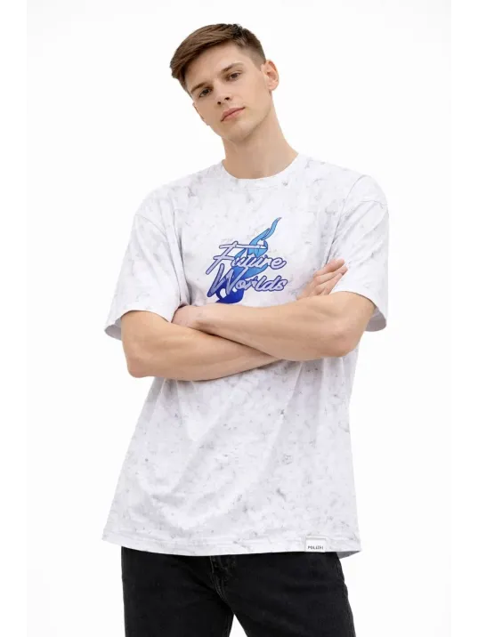 Erkek Asit Yıkamalı Oversize Tişört Future Worlds Baskılı Bisiklet Yaka Kısa Kollu Streetwear %100 Pamuk Street Style T-shirt - Beyaz