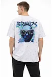 Erkek Asit Yıkamalı Oversize Tişört Future Worlds Baskılı Bisiklet Yaka Kısa Kollu Streetwear %100 Pamuk Street Style T-shirt - Beyaz