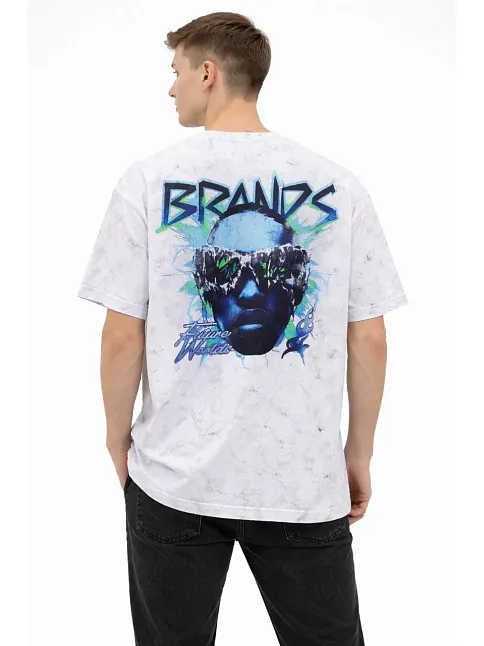 Erkek Asit Yıkamalı Oversize Tişört Future Worlds Baskılı Bisiklet Yaka Kısa Kollu Streetwear %100 Pamuk Street Style T-shirt - Beyaz