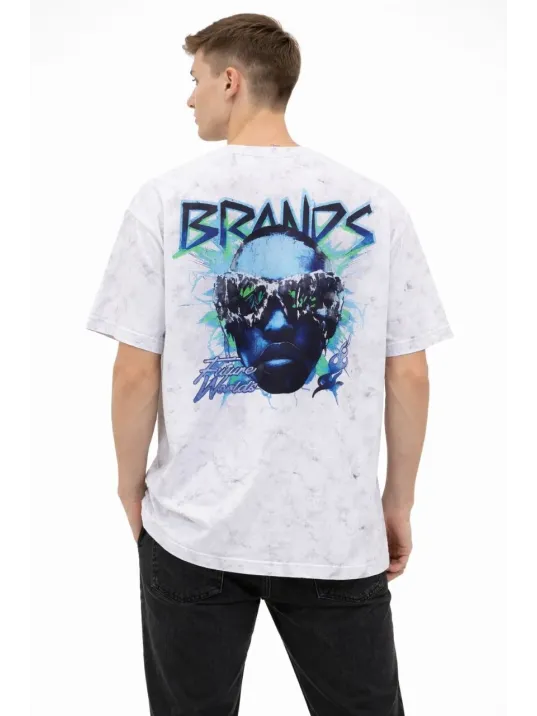 Erkek Asit Yıkamalı Oversize Tişört Future Worlds Baskılı Bisiklet Yaka Kısa Kollu Streetwear %100 Pamuk Street Style T-shirt - Beyaz