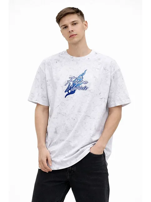 Erkek Asit Yıkamalı Oversize Tişört Future Worlds Baskılı Bisiklet Yaka Kısa Kollu Streetwear %100 Pamuk Street Style T-shirt - Beyaz