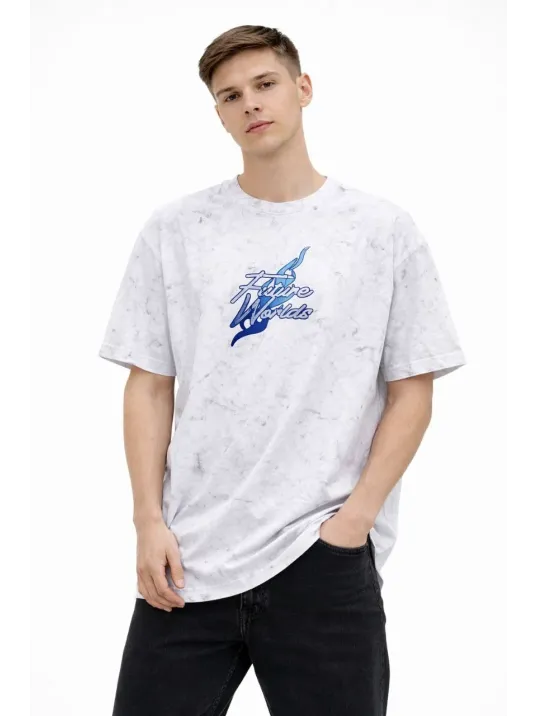 Erkek Asit Yıkamalı Oversize Tişört Future Worlds Baskılı Bisiklet Yaka Kısa Kollu Streetwear %100 Pamuk Street Style T-shirt - Beyaz