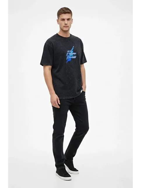 Erkek Asit Yıkamalı Oversize Tişört Future Worlds Baskılı Bisiklet Yaka Kısa Kollu Streetwear %100 Pamuk Street Style T-shirt - Siyah