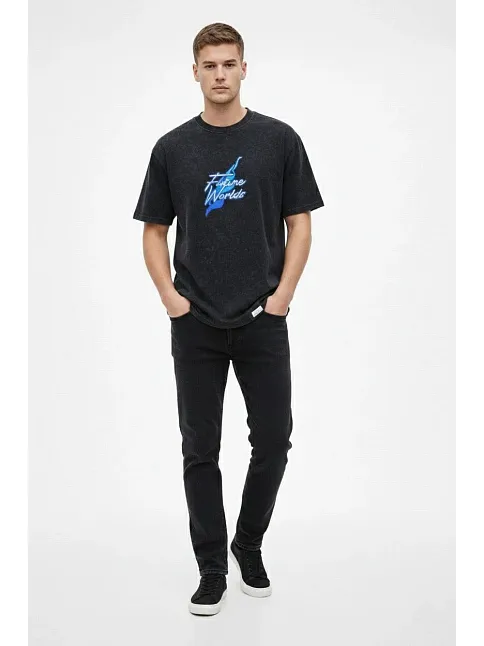 Erkek Asit Yıkamalı Oversize Tişört Future Worlds Baskılı Bisiklet Yaka Kısa Kollu Streetwear %100 Pamuk Street Style T-shirt - Siyah