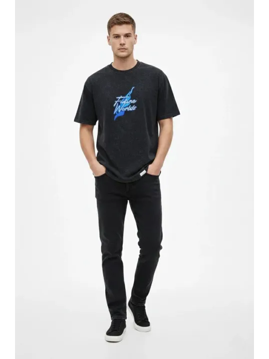 Erkek Asit Yıkamalı Oversize Tişört Future Worlds Baskılı Bisiklet Yaka Kısa Kollu Streetwear %100 Pamuk Street Style T-shirt - Siyah