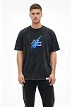 Erkek Asit Yıkamalı Oversize Tişört Future Worlds Baskılı Bisiklet Yaka Kısa Kollu Streetwear %100 Pamuk Street Style T-shirt - Siyah