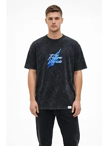 Erkek Asit Yıkamalı Oversize Tişört Future Worlds Baskılı Bisiklet Yaka Kısa Kollu Streetwear %100 Pamuk Street Style T-shirt - Siyah