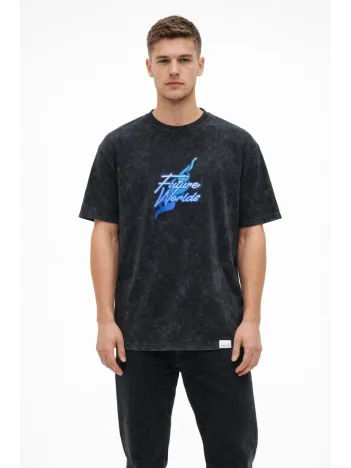 Erkek Asit Yıkamalı Oversize Tişört Future Worlds Baskılı Bisiklet Yaka Kısa Kollu Streetwear %100 Pamuk Street Style T-shirt - Siyah