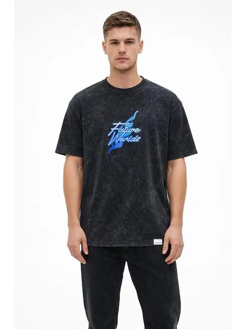 Erkek Asit Yıkamalı Oversize Tişört Future Worlds Baskılı Bisiklet Yaka Kısa Kollu Streetwear %100 Pamuk Street Style T-shirt - Siyah