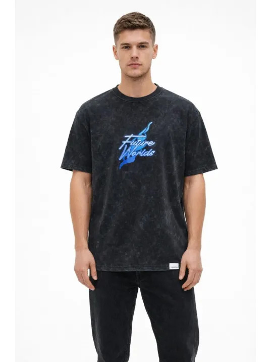 Erkek Asit Yıkamalı Oversize Tişört Future Worlds Baskılı Bisiklet Yaka Kısa Kollu Streetwear %100 Pamuk Street Style T-shirt - Siyah