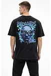 Erkek Asit Yıkamalı Oversize Tişört Future Worlds Baskılı Bisiklet Yaka Kısa Kollu Streetwear %100 Pamuk Street Style T-shirt - Siyah