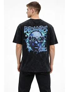 Erkek Asit Yıkamalı Oversize Tişört Future Worlds Baskılı Bisiklet Yaka Kısa Kollu Streetwear %100 Pamuk Street Style T-shirt - Siyah