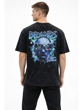 Erkek Asit Yıkamalı Oversize Tişört Future Worlds Baskılı Bisiklet Yaka Kısa Kollu Streetwear %100 Pamuk Street Style T-shirt - Siyah