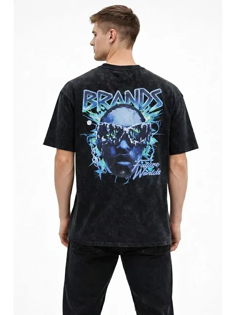 Erkek Asit Yıkamalı Oversize Tişört Future Worlds Baskılı Bisiklet Yaka Kısa Kollu Streetwear %100 Pamuk Street Style T-shirt - Siyah