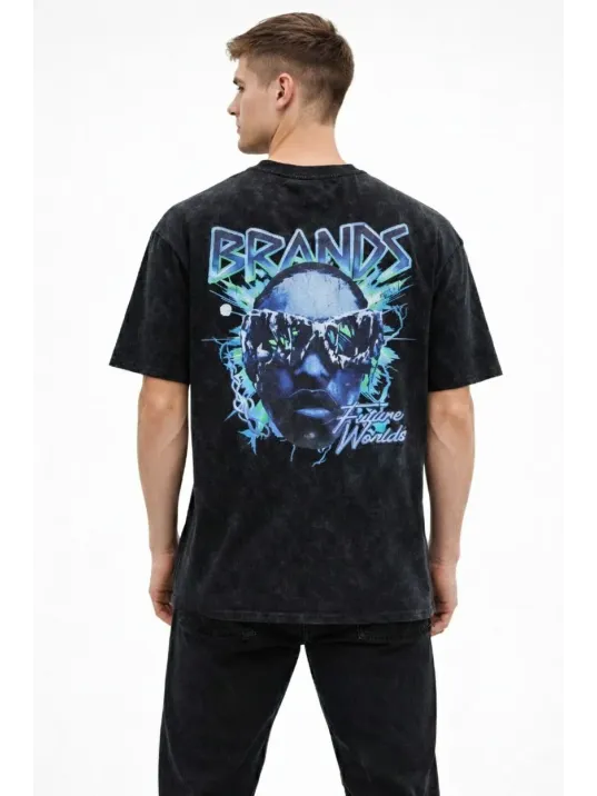 Erkek Asit Yıkamalı Oversize Tişört Future Worlds Baskılı Bisiklet Yaka Kısa Kollu Streetwear %100 Pamuk Street Style T-shirt - Siyah
