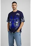 Erkek Lacivert Oversize Tişört Dragon & Kuru Kafa Baskılı Bisiklet Yaka Streetwear T-shirt - Lacivert