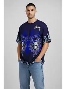 Erkek Lacivert Oversize Tişört Dragon & Kuru Kafa Baskılı Bisiklet Yaka Streetwear T-shirt - Lacivert