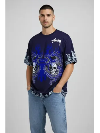 Erkek Lacivert Oversize Tişört Dragon & Kuru Kafa Baskılı Bisiklet Yaka Streetwear T-shirt - Lacivert