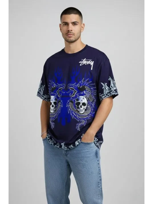 Erkek Lacivert Oversize Tişört Dragon & Kuru Kafa Baskılı Bisiklet Yaka Streetwear T-shirt - Lacivert