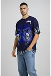 Erkek Lacivert Oversize Tişört Dragon & Kuru Kafa Baskılı Bisiklet Yaka Streetwear T-shirt - Lacivert