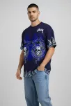 Erkek Lacivert Oversize Tişört Dragon & Kuru Kafa Baskılı Bisiklet Yaka Streetwear T-shirt - Lacivert