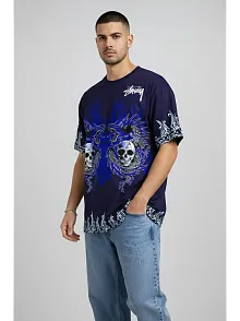 Erkek Lacivert Oversize Tişört Dragon & Kuru Kafa Baskılı Bisiklet Yaka Streetwear T-shirt - Lacivert