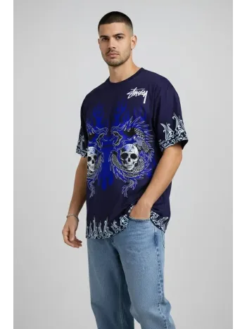 Erkek Lacivert Oversize Tişört Dragon & Kuru Kafa Baskılı Bisiklet Yaka Streetwear T-shirt - Lacivert