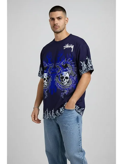 Erkek Lacivert Oversize Tişört Dragon & Kuru Kafa Baskılı Bisiklet Yaka Streetwear T-shirt - Lacivert