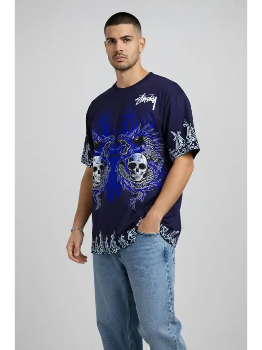 Erkek Lacivert Oversize Tişört Dragon & Kuru Kafa Baskılı Bisiklet Yaka Streetwear T-shirt - Lacivert