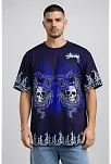 Erkek Lacivert Oversize Tişört Dragon & Kuru Kafa Baskılı Bisiklet Yaka Streetwear T-shirt - Lacivert