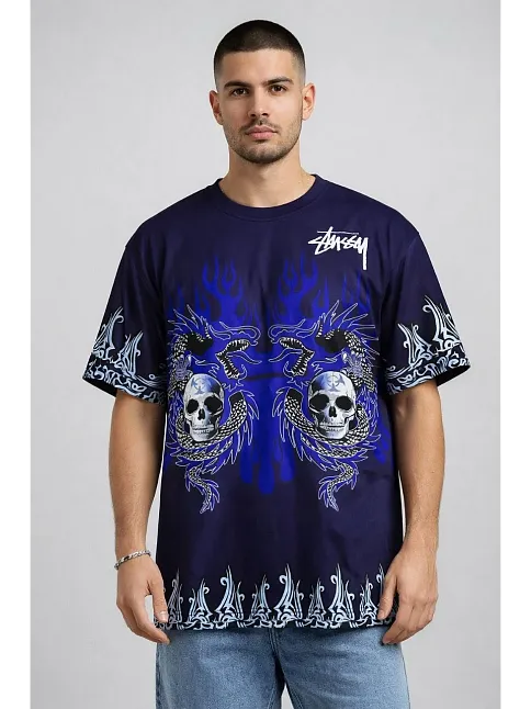 Erkek Lacivert Oversize Tişört Dragon & Kuru Kafa Baskılı Bisiklet Yaka Streetwear T-shirt - Lacivert