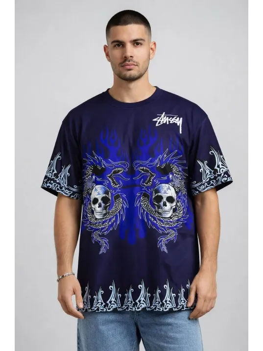 Erkek Lacivert Oversize Tişört Dragon & Kuru Kafa Baskılı Bisiklet Yaka Streetwear T-shirt - Lacivert