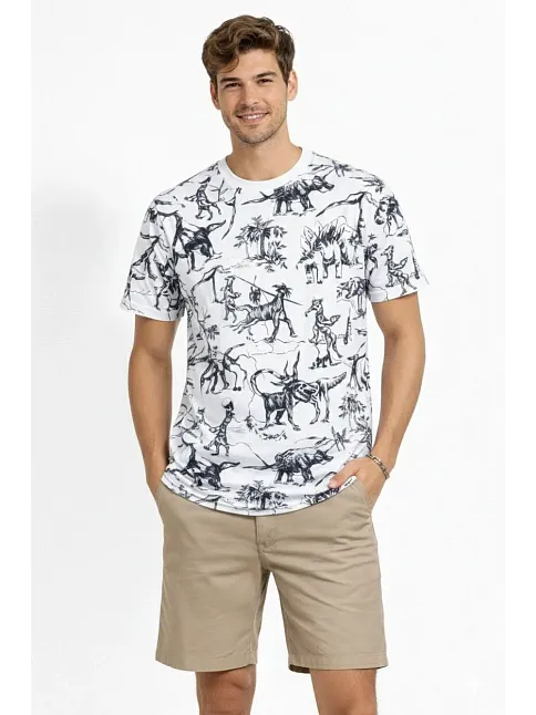 Erkek Beyaz Dinozor Desenli Tişört – Regular Fit, Bisiklet Yaka, Dijital Baskılı Pamuklu T-shirt - Beyaz
