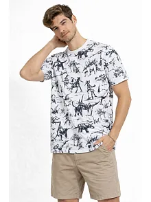 Erkek Beyaz Dinozor Desenli Tişört – Regular Fit, Bisiklet Yaka, Dijital Baskılı Pamuklu T-shirt - Beyaz