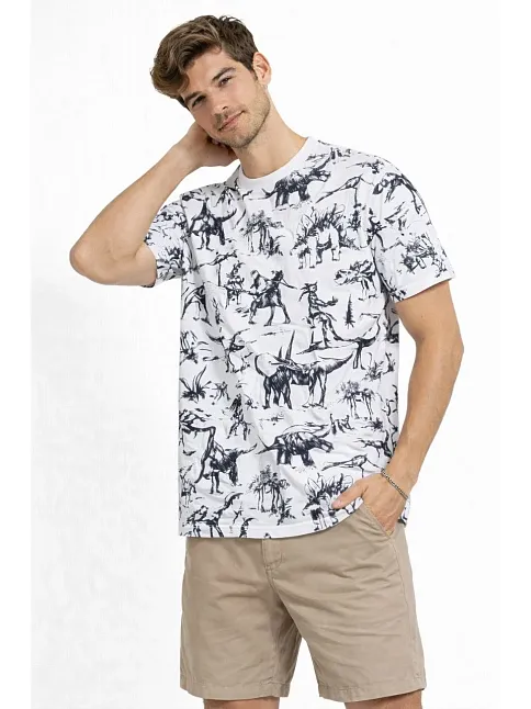 Erkek Beyaz Dinozor Desenli Tişört – Regular Fit, Bisiklet Yaka, Dijital Baskılı Pamuklu T-shirt - Beyaz