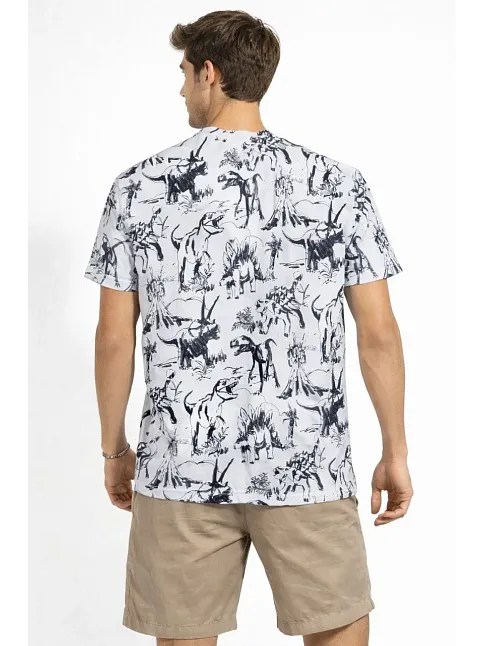Erkek Beyaz Dinozor Desenli Tişört – Regular Fit, Bisiklet Yaka, Dijital Baskılı Pamuklu T-shirt - Beyaz