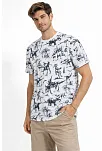 Erkek Beyaz Dinozor Desenli Tişört – Regular Fit, Bisiklet Yaka, Dijital Baskılı Pamuklu T-shirt - Beyaz