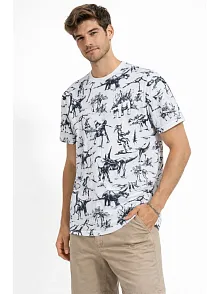 Erkek Beyaz Dinozor Desenli Tişört – Regular Fit, Bisiklet Yaka, Dijital Baskılı Pamuklu T-shirt - Beyaz