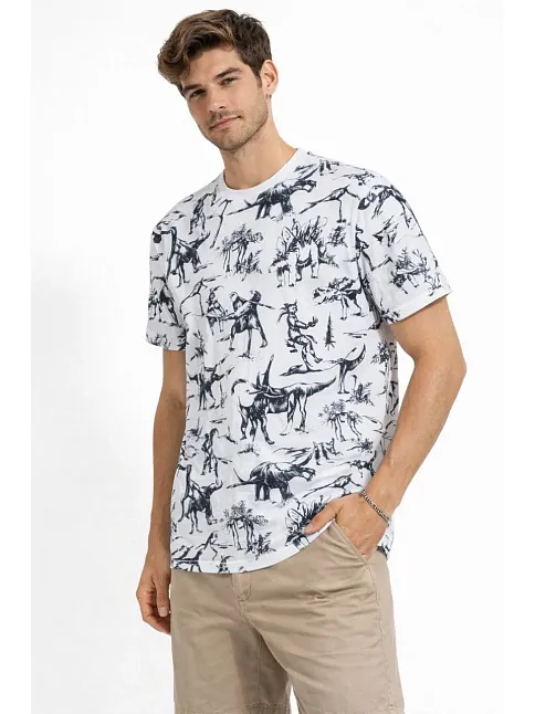 Erkek Beyaz Dinozor Desenli Tişört – Regular Fit, Bisiklet Yaka, Dijital Baskılı Pamuklu T-shirt - Beyaz